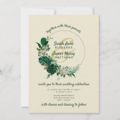 緑モダン熱帯リーフサークルリース結婚ズ 招待状 (正面)