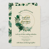 緑モダン熱帯リーフサークルリース結婚ズ 招待状 (正面/裏面)