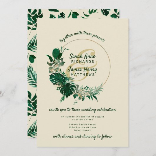 緑モダン熱帯リーフサークルリース結婚ズ 招待状 (正面/裏面)
