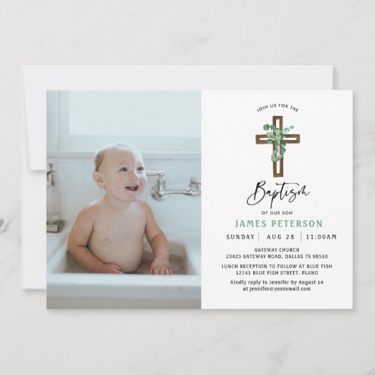 緑モダン男の子バプテスマお祝い写真 招待状 (正面)