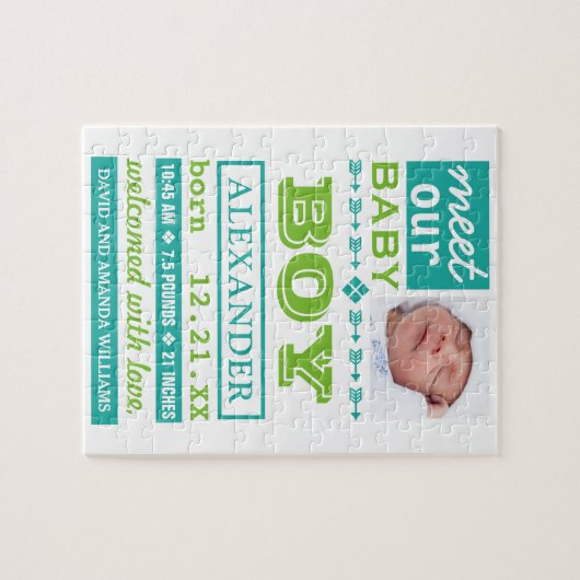 緑モダン男の赤ちゃん写真誕生のお知らせ ジグソーパズル (横)