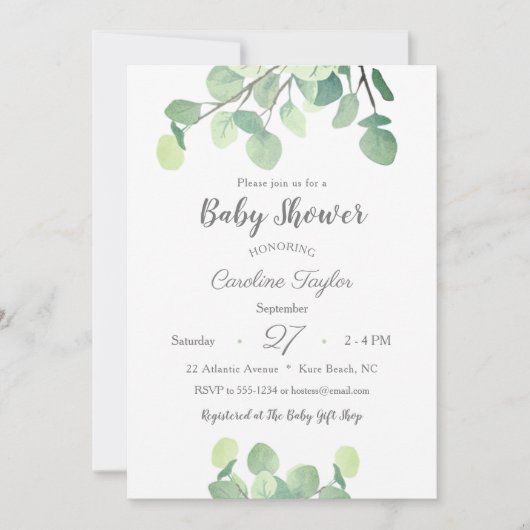 緑モダン男女兼用のシンプル赤ちゃんシャワー 招待状 (正面)