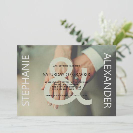 緑モダン白カスタム写真ア結婚パサンド 招待状 (スタンド正面)