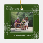 緑モダン白フレーム家族フォトクリスマス セラミックオーナメント (正面)