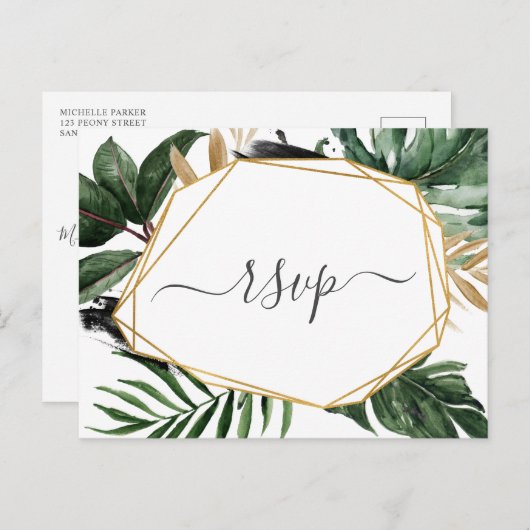 緑モダン色の熱帯結婚式RSVP インビテーションポストカード (正面/裏面)