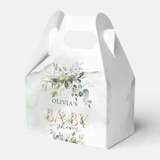 緑モダン色の葉の金ゴールド文字の赤ちゃんシャワー フェイバーボックス (裏面サイド)