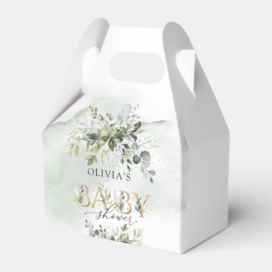 緑モダン色の葉の金ゴールド文字の赤ちゃんシャワー フェイバーボックス (正面サイド)