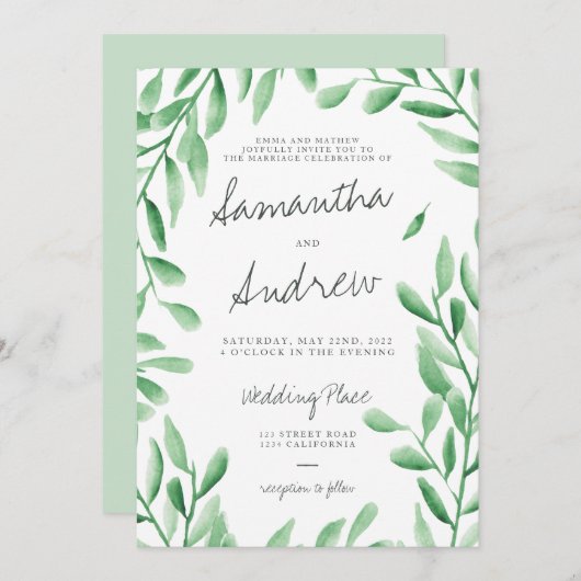 緑モダン色オリーブ結婚枝 招待状 (正面/裏面)