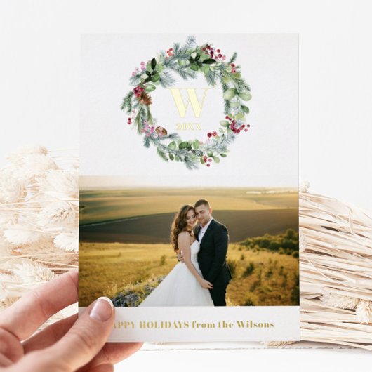 緑モダン色フローラリース |モノグラム1写真 箔シーズンカード