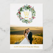 緑モダン色フローラリース |モノグラム1写真 箔シーズンカード (正面)