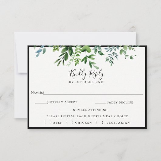 緑モダン色ブラックウェディングRSVP食事の選択 出欠カード (正面)