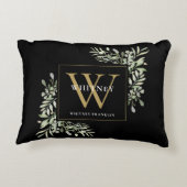 緑モダン色金ゴールドイニシャルモノグラムブラック アクセントクッション (裏面)