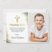 緑モダン色金ゴールドクロスグリッターファーストコミューン サンキューカード (正面)