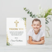 緑モダン色金ゴールドクロスグリッターファーストコミューン サンキューカード (スタンド正面)