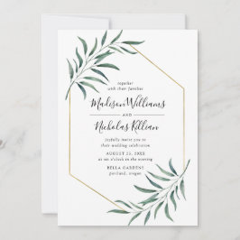 緑モダン色 |金ゴールドのジオメトリック結婚フレーム 招待状