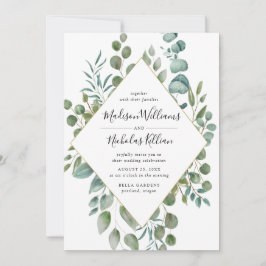 緑モダン色 |金ゴールドのジオメトリック結婚フレーム 招待状