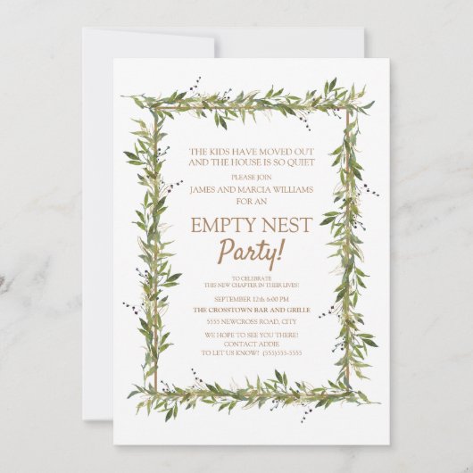 緑モダン葉金ゴールド空のネストパーティー 招待状 (正面)