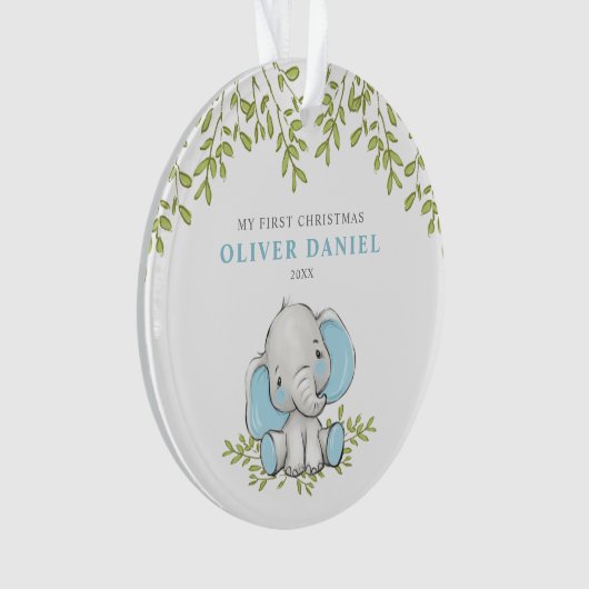 緑モダン象の少年の初めてのクリスマス オーナメント (正面)