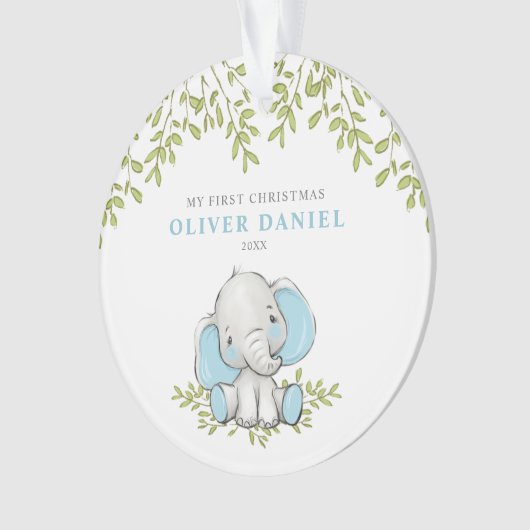 緑モダン象の少年の初めてのクリスマス オーナメント (正面)