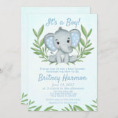 緑モダン象の男の子のシャワー 招待状 (正面/裏面)