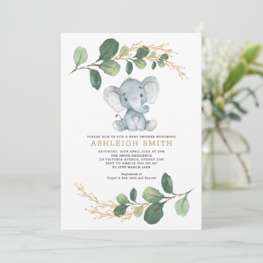 緑モダン象ジャングル赤ちゃんシャワー 招待状 (スタンド正面)