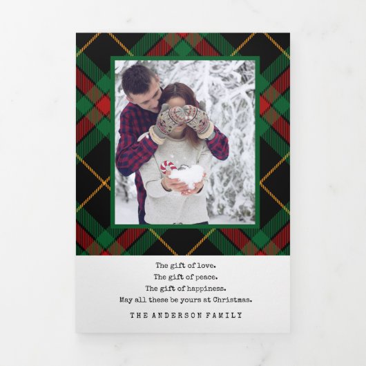 緑モダン赤の格子模様8枚の写真 三つ折りクリスマスカード (カバー)