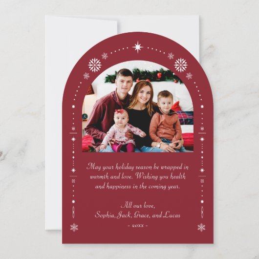 緑モダン赤アーチ写真クリスマスホリデーカード 招待状 (裏面)