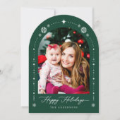 緑モダン赤アーチ写真クリスマスホリデーカード 招待状 (正面)
