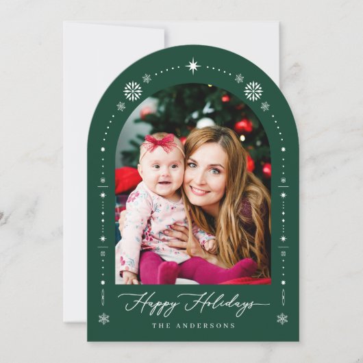 緑モダン赤アーチ写真クリスマスホリデーカード 招待状 (正面)