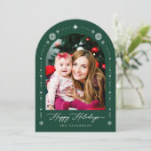 緑モダン赤アーチ写真クリスマスホリデーカード 招待状 (スタンド正面)