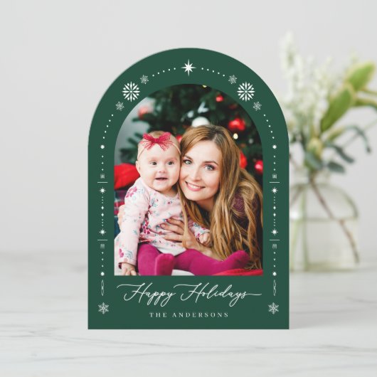 緑モダン赤アーチ写真クリスマスホリデーカード 招待状 (スタンド正面)