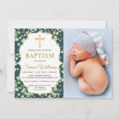 緑モダン金ゴールドグリッターバプテスマ写真 招待状 (正面)
