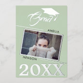 緑モダン院生2写真卒業シルバー 箔招待状 (正面)