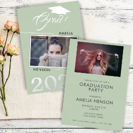 緑モダン院生2写真卒業シルバー 箔招待状