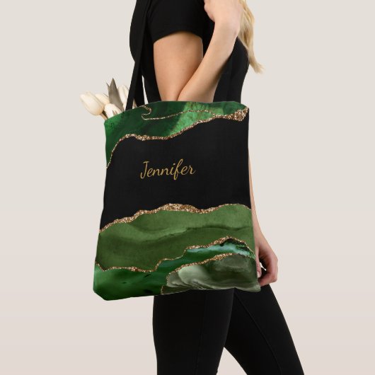 緑モダン黒瑪瑙クリスタルパーソナライズネーム トートバッグ (クローズアップ)