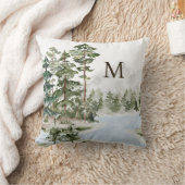 緑モノグラムの松の森と湖 クッション (ブランケット)