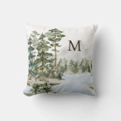 緑モノグラムの松の森と湖 クッション (正面)