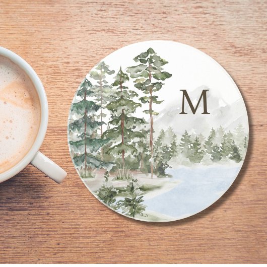 緑モノグラムの松の森と湖 コースター