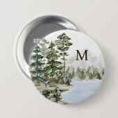緑モノグラムの松の森と湖 缶バッジ (正面&裏面)