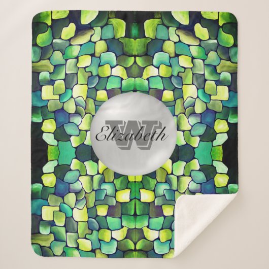 緑モノグラムの色の幾何学的な鮮やかなパターン シェルパブランケット (正面)