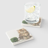 緑ヤーンを持つ子ネコ ストーンコースター (横)