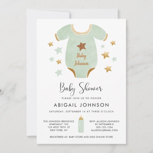 緑ユニセックス金ゴールド水彩レトロベビーシャワー 招待状 (正面)