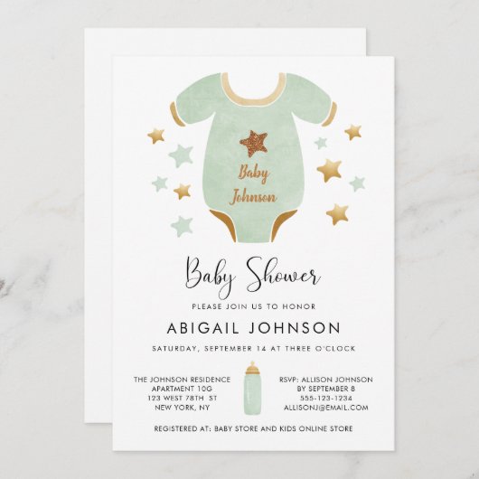 緑ユニセックス金ゴールド水彩レトロベビーシャワー 招待状 (正面/裏面)