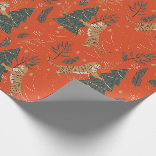 緑ユニークと赤のクリスマスツリータイガー ラッピングペーパー (角)