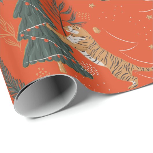 緑ユニークと赤のクリスマスツリータイガー ラッピングペーパー (ロールコーナー)