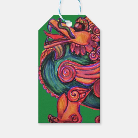 緑中国のの赤い獅子 ギフトタグ (正面)