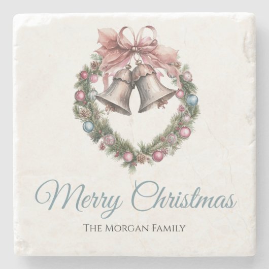 緑化リースの葉とピンクリボンボウ ストーンコースター (正面)