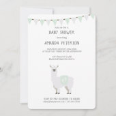 緑及びオフホワイトの男女兼用なラマのベビーシャワー 招待状 (正面)