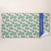 緑及びピンクのサボテンパターン ビーチタオル (正面)