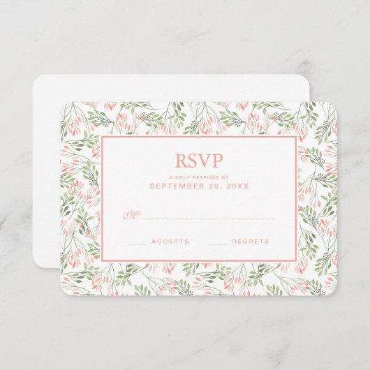 緑及びピンクの植物の水彩画- RSVPを結婚すること 出欠カード (正面/裏面)